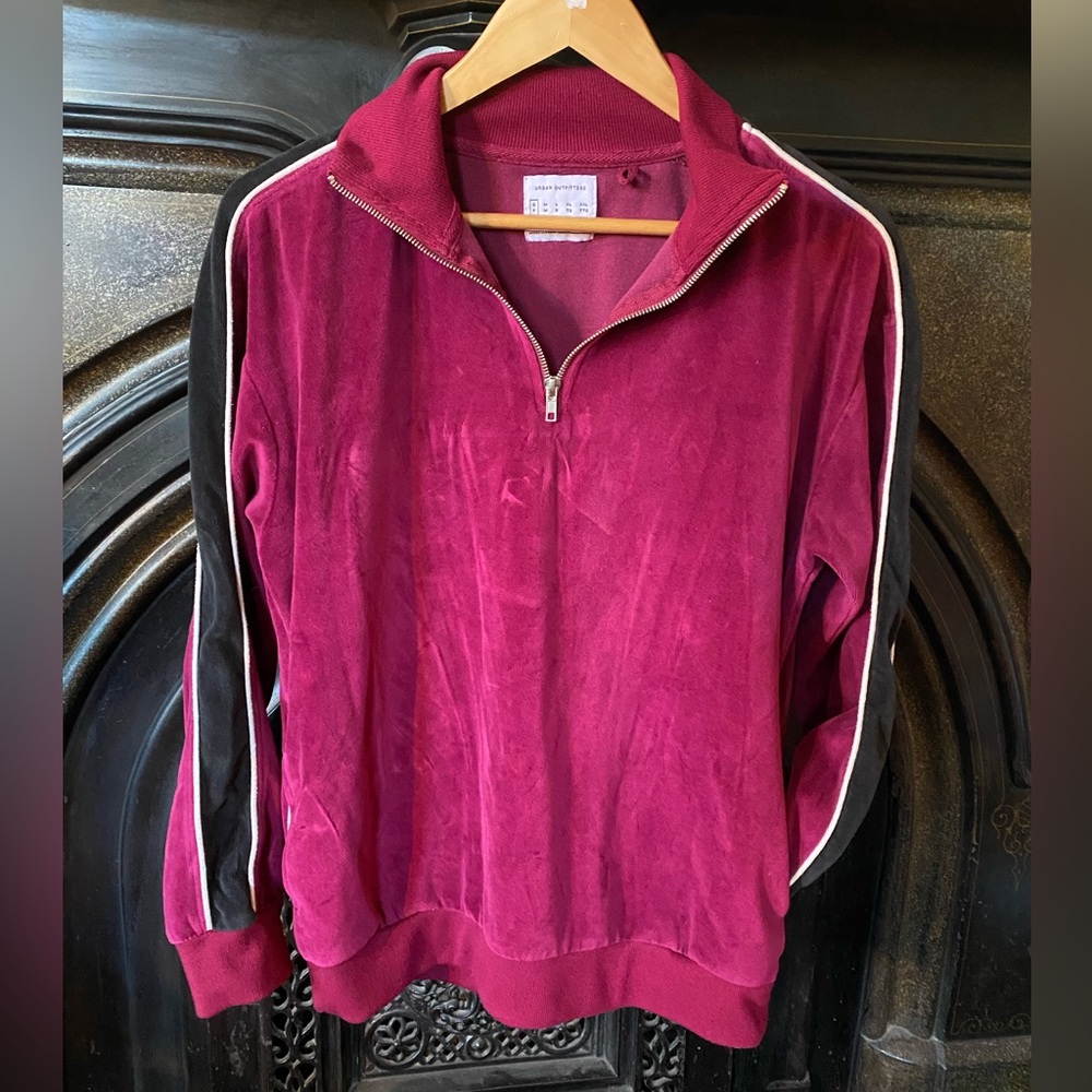 Urban Outfitters Striped Quarter Zip Long Sleeve Velour Pullover Sweatshirt